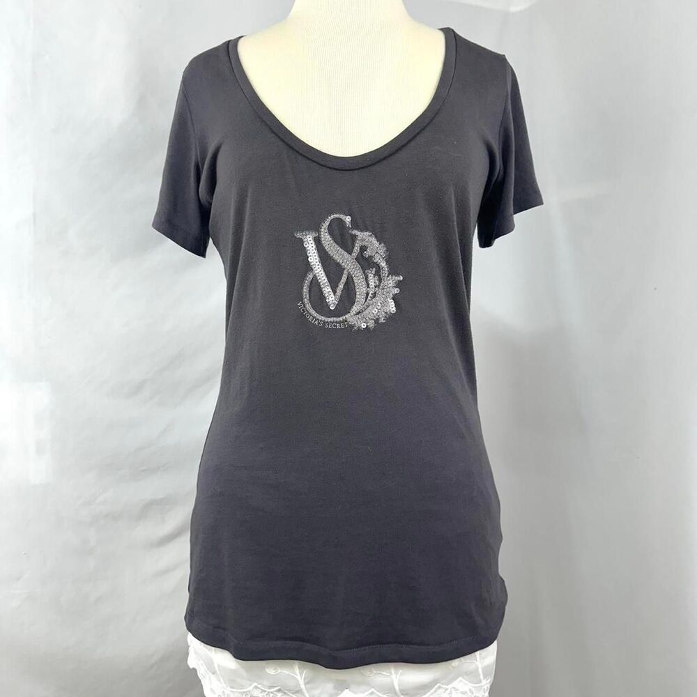 VICTORIAS SECRET VS Logo Gray V Neck Sequined Short Sleeve T Shirt‎ Womens L Y2K